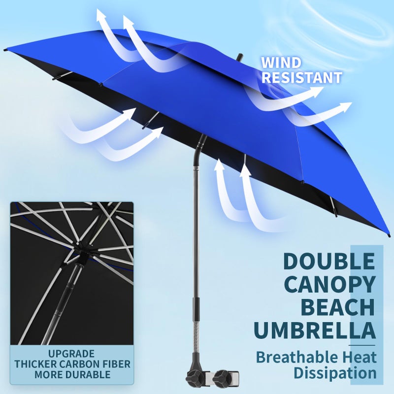 NBtoUS 2 Pack 48.6" Double Canopy Beach Umbrella with Clamp, UPF50+ Beach Chair Umbrella with clip, 360Â°Adjustable Portable Outdoor Wheelchair, Patio, Golf Carts,Camping(Not Include Chair) - Image 2