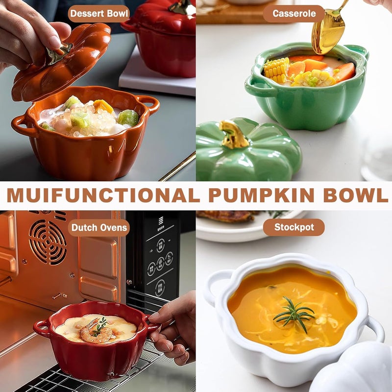 WREWING Dutch Oven Pot with Lid, 15 Oz Cute Pumpkin Ceramic Dessert Saucepan with Handle, Mini Pumpkin Bowl Baking Dish, Covered Stockpot Pottery Casserole, Halloween Thanksgiving Decor (White) - Image 2
