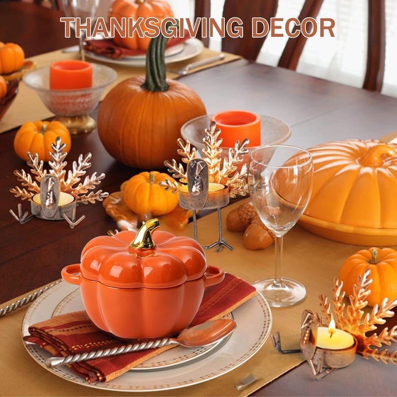 WREWING Dutch Oven Pot with Lid, 15 Oz Cute Pumpkin Ceramic Dessert Saucepan with Handle, Mini Pumpkin Bowl Baking Dish, Covered Stockpot Pottery Casserole, Halloween Thanksgiving Decor (White) - Image 5