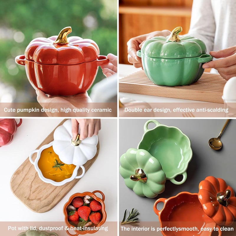 WREWING Dutch Oven Pot with Lid, 15 Oz Cute Pumpkin Ceramic Dessert Saucepan with Handle, Mini Pumpkin Bowl Baking Dish, Covered Stockpot Pottery Casserole, Halloween Thanksgiving Decor (White) - Image 4
