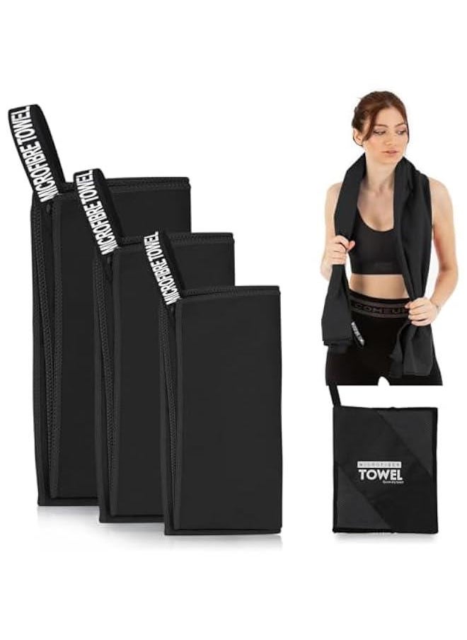 HOOKOR 3 Pack of Lightweight Microfiber Travel Towels w/Bag, 30x30cm, 40x60cm, 60x122cm- Fast Drying Towel Set for Camping, Backpacking, Sports, Beach, Gym, Yoga & Swim Use (Black)  - Image 1