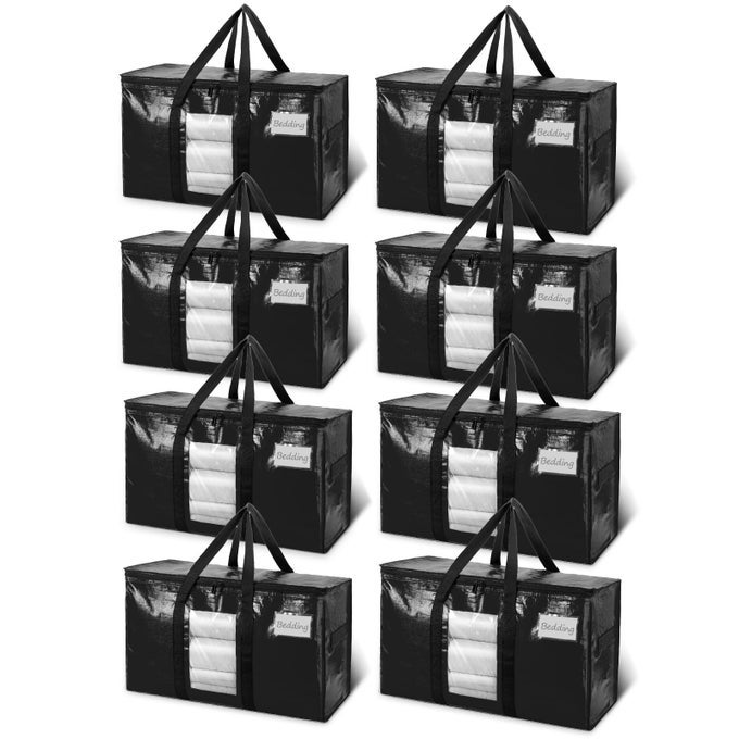 EXTRA LARGE MOVING BAGS 8 PACK BLACK HEAVY DUTY TOTES FOR STORAGE WITH VISIBLE WINDOW WRAP AROUND HANDLES STORAGE BAGS FOR SPACE SAVING ALTERNATIVE TO MOVING BOXES