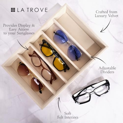La Trove Sunglasses Organizer Tray for Drawer | 5 Slot Velvet Eyewear Storage Holder for Sunglasses, Goggles & Shades | Glasses Display Case for Wardrobe | Cream - Image 2