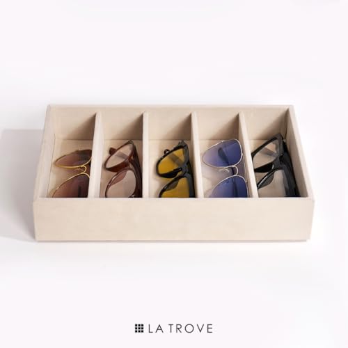 La Trove Sunglasses Organizer Tray for Drawer | 5 Slot Velvet Eyewear Storage Holder for Sunglasses, Goggles & Shades | Glasses Display Case for Wardrobe | Cream - Image 3