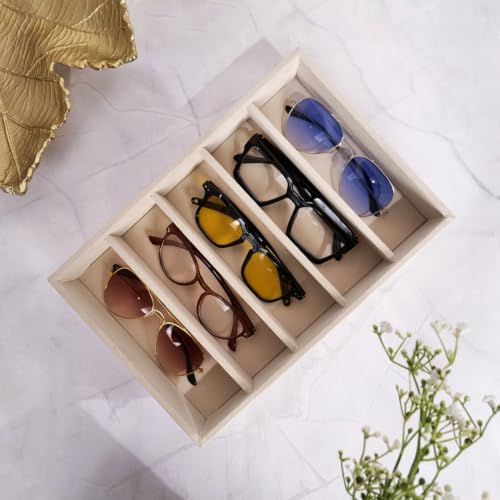 La Trove Sunglasses Organizer Tray for Drawer | 5 Slot Velvet Eyewear Storage Holder for Sunglasses, Goggles & Shades | Glasses Display Case for Wardrobe | Cream - Image 1