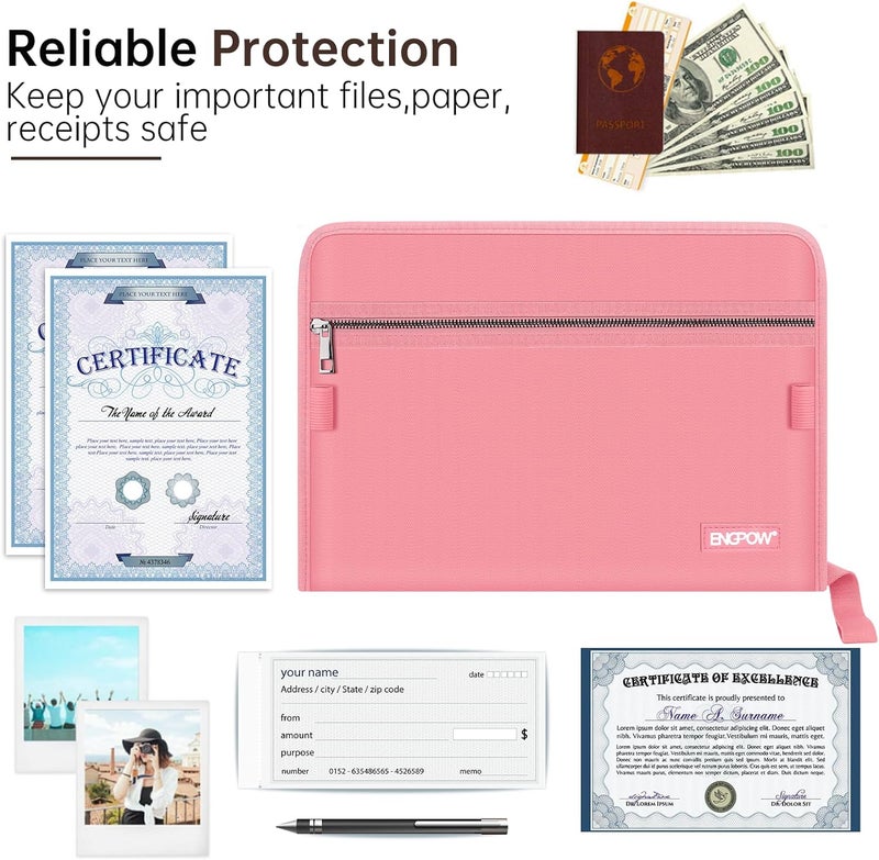 ENGPOW Accordion File Organizer,Fireproof 13 Pockets Expanding File Folder,Document Organizer Folder with Zipper＆Labels,Portable Home Travel Safe Storage for Letter A4 Files and More,Pink - Image 5