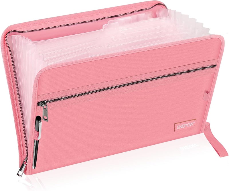 ENGPOW Accordion File Organizer,Fireproof 13 Pockets Expanding File Folder,Document Organizer Folder with Zipper＆Labels,Portable Home Travel Safe Storage for Letter A4 Files and More,Pink - Image 1