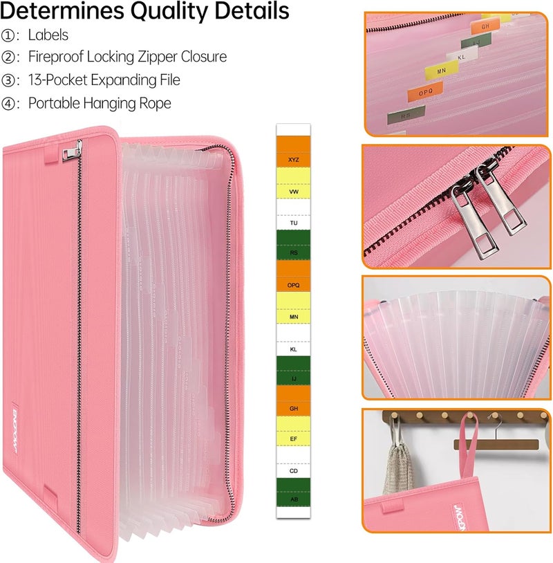 ENGPOW Accordion File Organizer,Fireproof 13 Pockets Expanding File Folder,Document Organizer Folder with Zipper＆Labels,Portable Home Travel Safe Storage for Letter A4 Files and More,Pink - Image 4