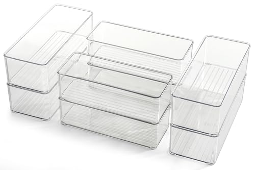 Hudgan 8 Pack Clear Plastic Drawer Organizers Set, Stackable Deep Drawer Organizer for Makeup Vanity and Desk, 2 Sizes Tall Bathroom Drawer Organizer - Image 1