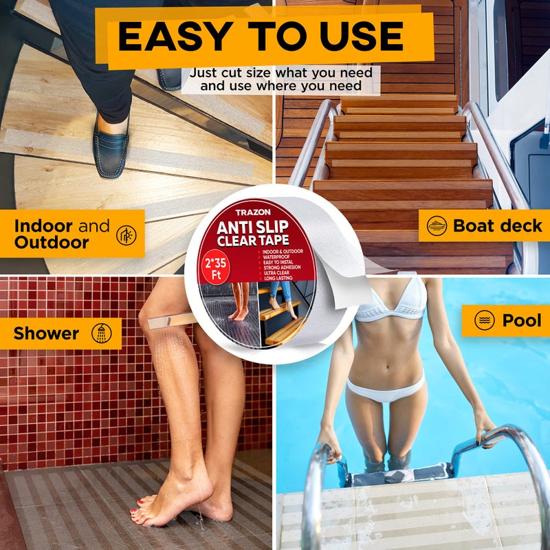Trazon Grip Tape - Heavy Duty Anti Slip Tape Clear Outdoor/Indoor 2In*35Ft, Non Slip Roll/Stickers Easy to Cut Waterproof for Bathtub, Shower Floor, Pool, Stairs Safety Non Skid, Comfortable for Bare Foot - Image 3