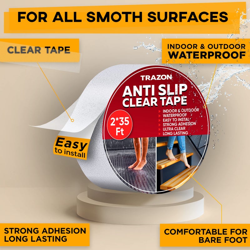 Trazon Grip Tape - Heavy Duty Anti Slip Tape Clear Outdoor/Indoor 2In*35Ft, Non Slip Roll/Stickers Easy to Cut Waterproof for Bathtub, Shower Floor, Pool, Stairs Safety Non Skid, Comfortable for Bare Foot - Image 2