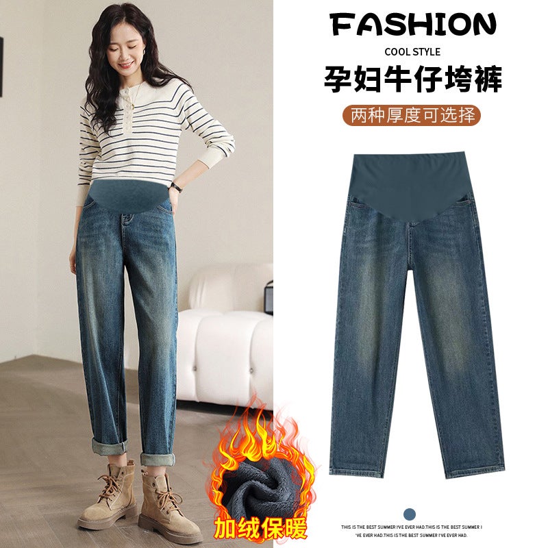 Pregnant Womens Wear 2024 Pregnant Womens Jeans Winter fleece-lined Thickened fleece-lined Style Retro Blue Belly Pants for Women 9398b retro blue baby velvet