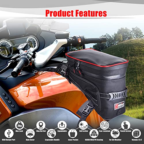 Goldfire Motorcycle Tank Bag Expandable ADV Gas Oil Fuel Tank Saddle Bag with Strong Strap Mount Water Resistant Motorcycle Storage Bag(Red Piping) - Image 2