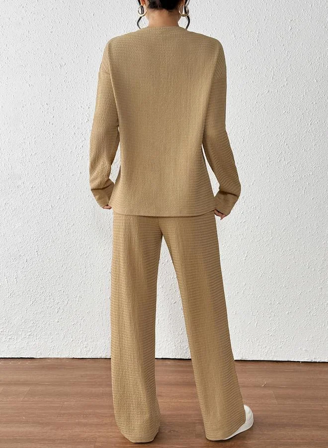 Take Two Take Two Textured V Neck Top and Straight Leg Pants Co-Ords