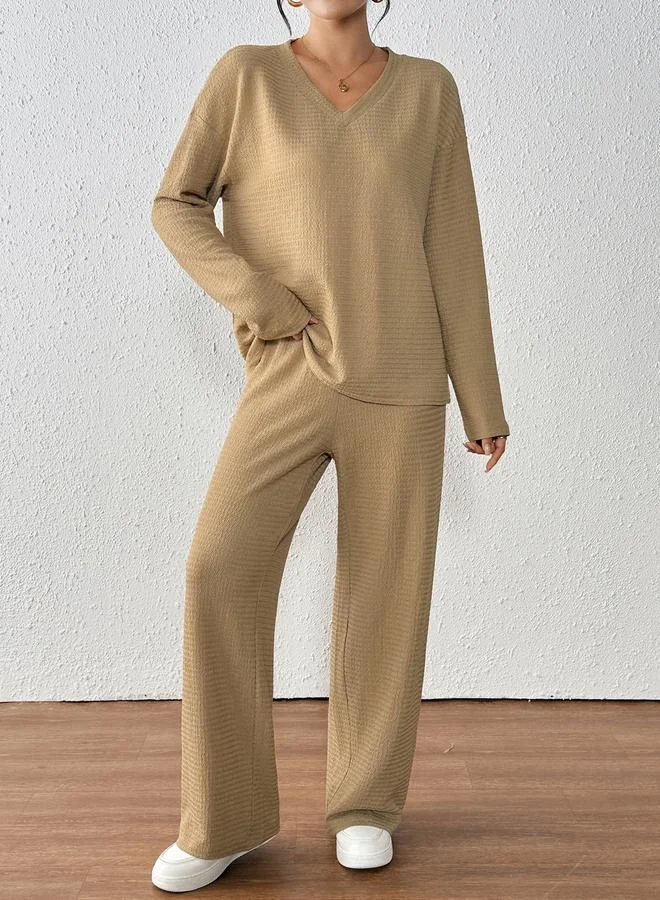 Take Two Take Two Textured V Neck Top and Straight Leg Pants Co-Ords