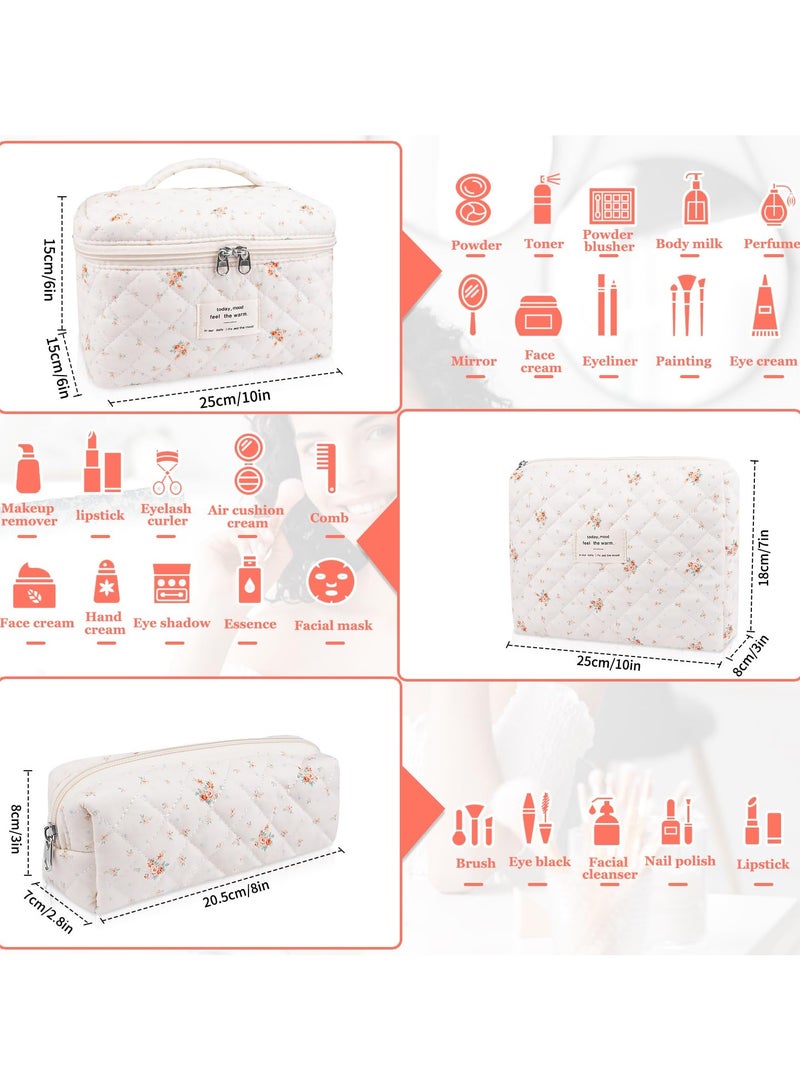 خاجول حقيبة مكياج مبطنة كبيرة مكونة من 3 قطع للنساء والفتيات، حقيبة مستحضرات تجميل قطنية جميلة مزينة بالزهور، حقائب أدوات تواليت منظمة للسفر (زهرة حمراء صغيرة) - Image 2