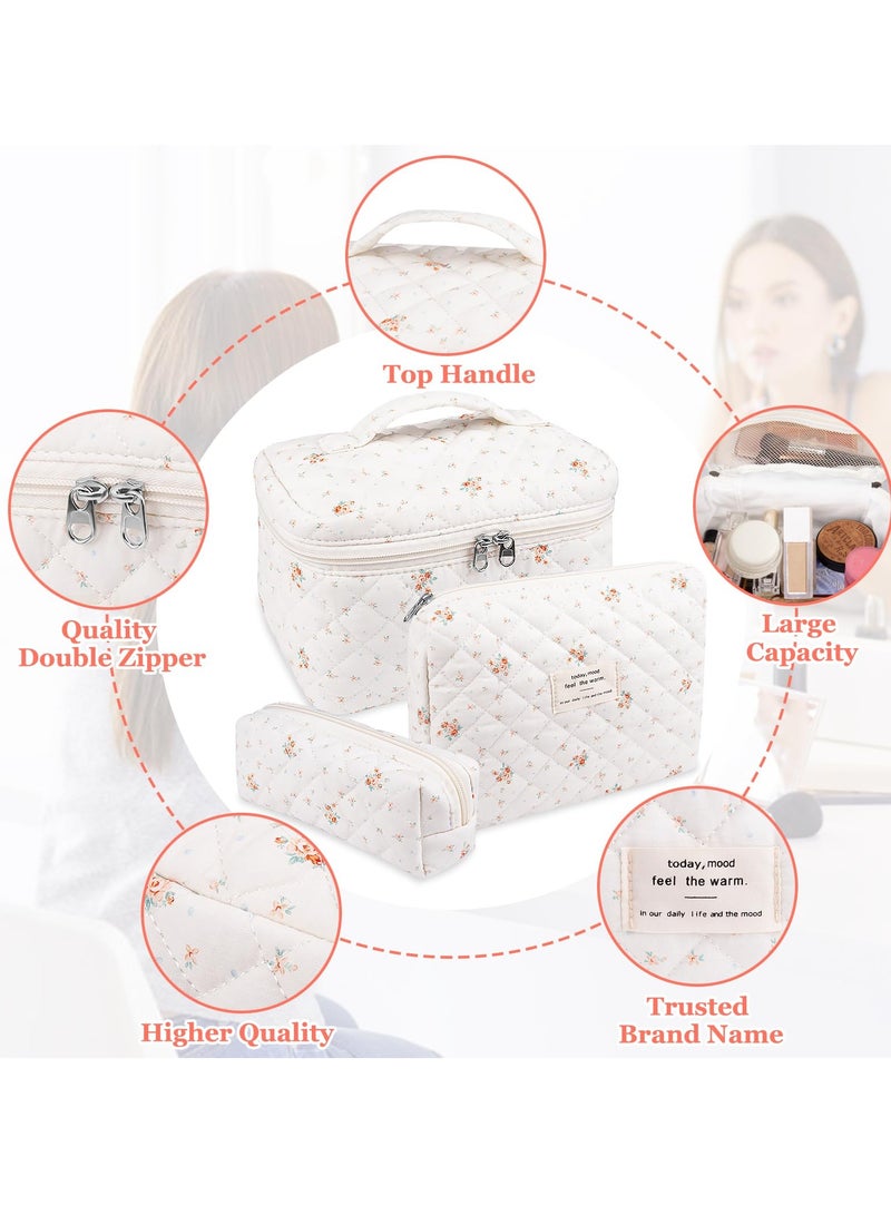 خاجول حقيبة مكياج مبطنة كبيرة مكونة من 3 قطع للنساء والفتيات، حقيبة مستحضرات تجميل قطنية جميلة مزينة بالزهور، حقائب أدوات تواليت منظمة للسفر (زهرة حمراء صغيرة) - Image 3