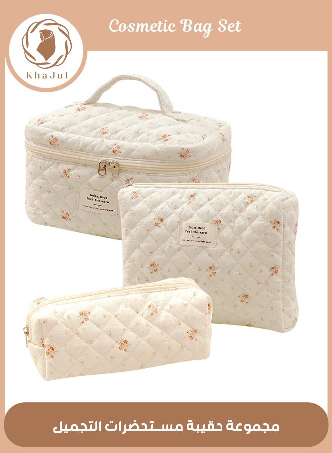خاجول حقيبة مكياج مبطنة كبيرة مكونة من 3 قطع للنساء والفتيات، حقيبة مستحضرات تجميل قطنية جميلة مزينة بالزهور، حقائب أدوات تواليت منظمة للسفر (زهرة حمراء صغيرة) - Image 1