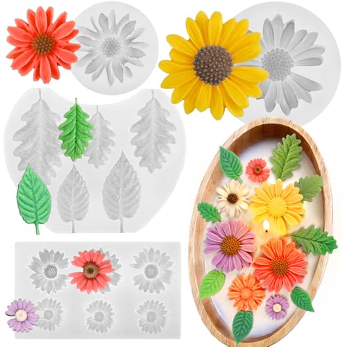 ZQYSING 4 Pack Daisy Silicone Molds with Leaf Mold, Set of Large + Medium + Small + Mini Daisy Flower Molds for Candles Wax Soap Epoxy Resin Plaster Fondant Chocolate Cake Cupcake Topper Decoration - Image 1