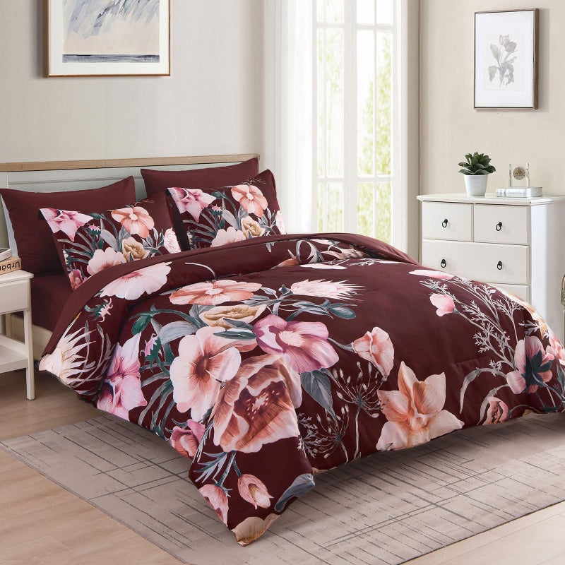Luxudecor Burgundy Floral Comforter Set King Size 7 Piece, Flower Bed in a Bag, Elegant Comforter Bedding Set for All Season (Burgundy, 104"x90") - Image 2