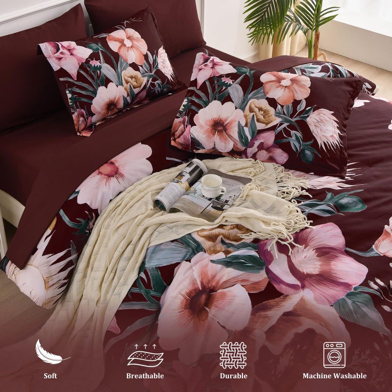Luxudecor Burgundy Floral Comforter Set King Size 7 Piece, Flower Bed in a Bag, Elegant Comforter Bedding Set for All Season (Burgundy, 104"x90") - Image 4