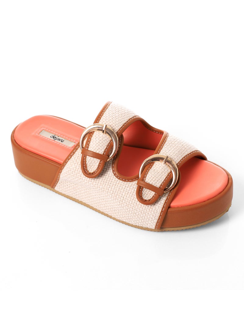 DejaVu Double Circular Buckles Textured Bi-Toned Slippers  - Image 1