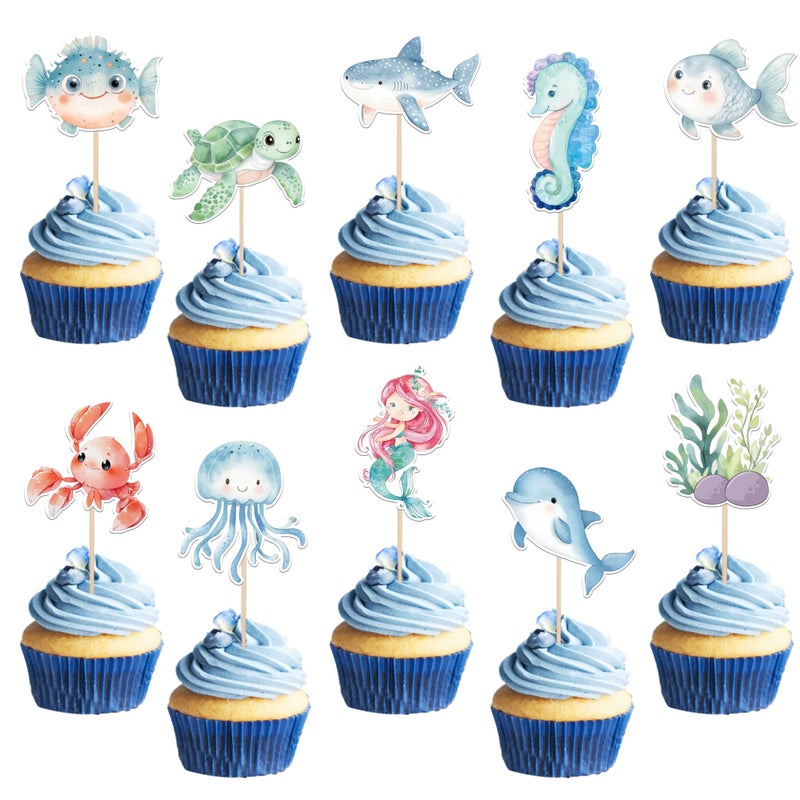 Rsstarxi 40 Pack Ocean Animal Cupcake Toppers Cartoon Jellyfish Mermaid Cupcake Picks Under the Sea Theme Cupcake Decorations for Baby Shower Kids Birthday Party Cake Decorations - Image 1