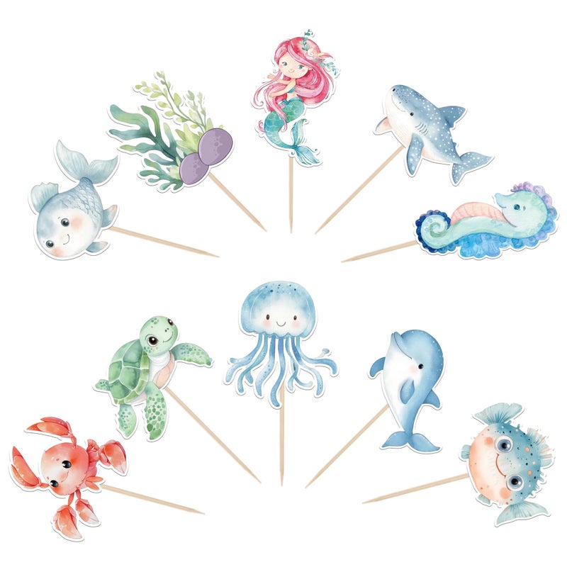 Rsstarxi 40 Pack Ocean Animal Cupcake Toppers Cartoon Jellyfish Mermaid Cupcake Picks Under the Sea Theme Cupcake Decorations for Baby Shower Kids Birthday Party Cake Decorations - Image 3