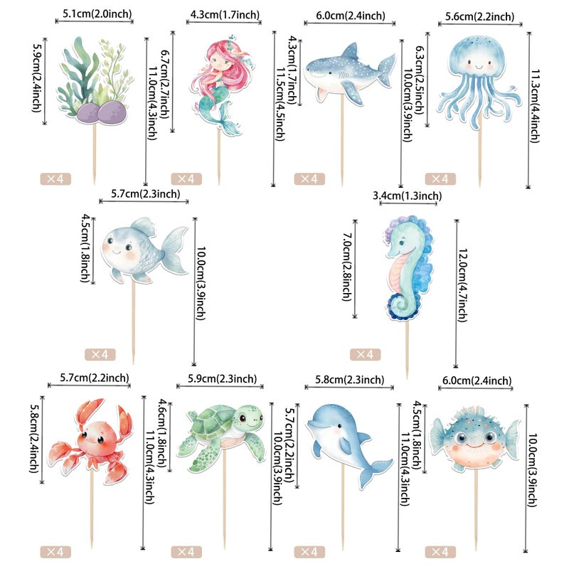 Rsstarxi 40 Pack Ocean Animal Cupcake Toppers Cartoon Jellyfish Mermaid Cupcake Picks Under the Sea Theme Cupcake Decorations for Baby Shower Kids Birthday Party Cake Decorations - Image 2