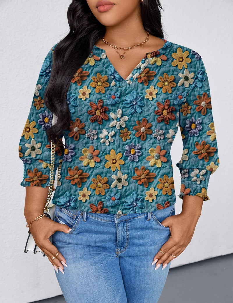 TFSDOD Ladies Tops and Blouses Plus Size Tops for Women 3/4 Puff Sleeve V-neck Blouses Casual Floral Print Shirts Blue Red Floral 3X - Image 4
