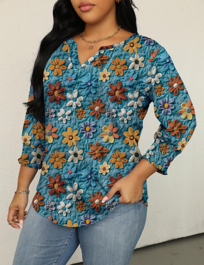 TFSDOD Ladies Tops and Blouses Plus Size Tops for Women 3/4 Puff Sleeve V-neck Blouses Casual Floral Print Shirts Blue Red Floral 3X - Image 2