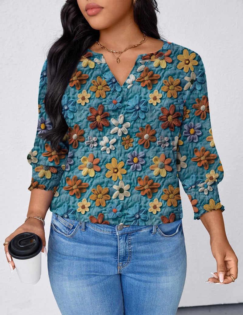 TFSDOD Ladies Tops and Blouses Plus Size Tops for Women 3/4 Puff Sleeve V-neck Blouses Casual Floral Print Shirts Blue Red Floral 3X - Image 5