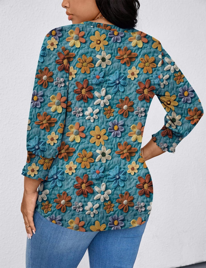 TFSDOD Ladies Tops and Blouses Plus Size Tops for Women 3/4 Puff Sleeve V-neck Blouses Casual Floral Print Shirts Blue Red Floral 3X - Image 3