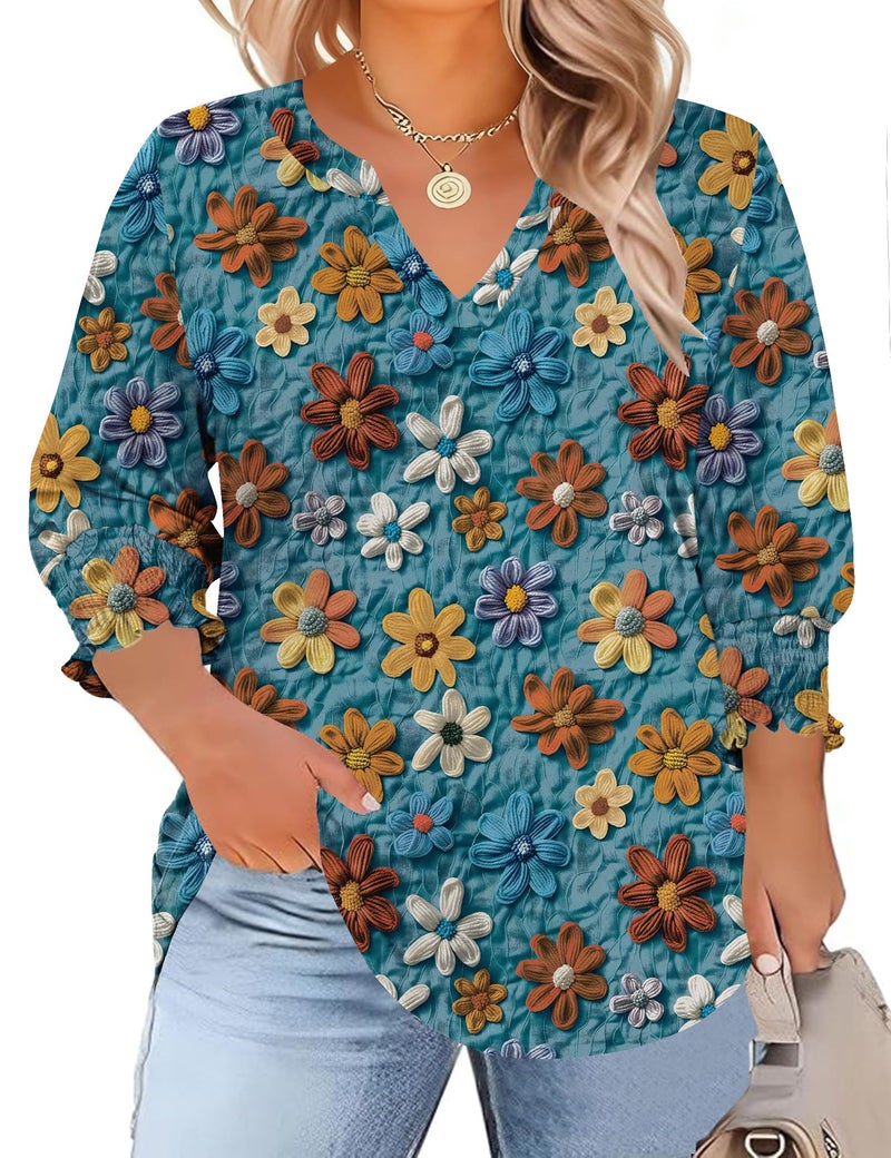 TFSDOD Ladies Tops and Blouses Plus Size Tops for Women 3/4 Puff Sleeve V-neck Blouses Casual Floral Print Shirts Blue Red Floral 3X - Image 1