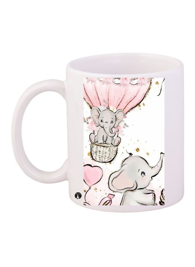 RYN Elephant Printed Coffee Mug White/Grey/Pink 11ounce