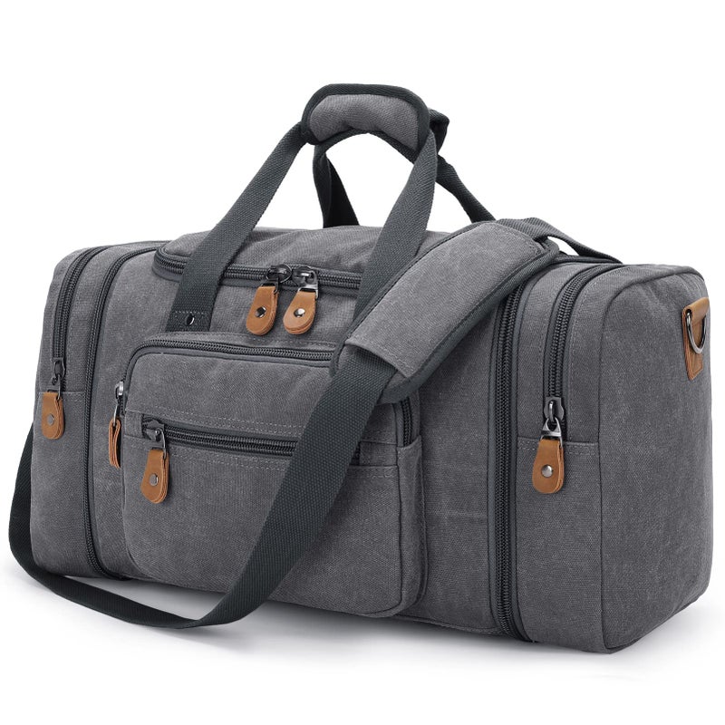 Gonex Canvas Duffle Bag for Travel 50L Expandable Duffel Weekend Overnight Bag men Gray