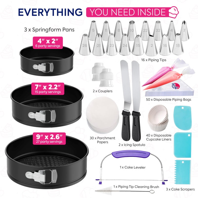 Riccle 148PCs Cake Pan Set for Baking, 3 Non-Stick Springform Pan Set (4, 7, 9 Inches), Cake Decorating Kit, Piping Bags and Tips Set, Cake Leveler, Multi-functional Leak-Proof CheeseCake Pan - Image 2