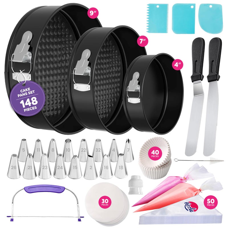 Riccle 148PCs Cake Pan Set for Baking, 3 Non-Stick Springform Pan Set (4, 7, 9 Inches), Cake Decorating Kit, Piping Bags and Tips Set, Cake Leveler, Multi-functional Leak-Proof CheeseCake Pan - Image 1