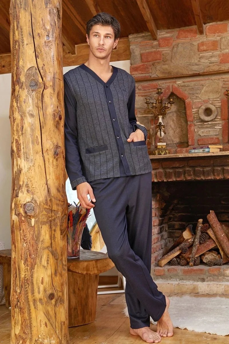 Cossy By Aqua 24413 Men's Long Sleeve Front Buttoned Pajama Set-Navy Blue
