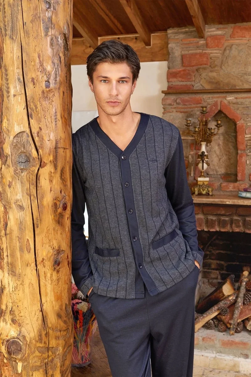 Cossy By Aqua 24413 Men's Long Sleeve Front Buttoned Pajama Set-Navy Blue