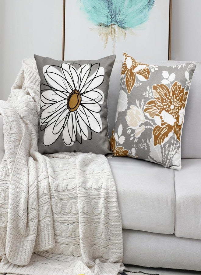 Baidast Brown Decorative Throw Pillow Covers 18x18 Set of 4, Brown and Grey Modern Daisy Floral Pillows Linen Pillow Covers for Couch Sofa Living Room - Image 5