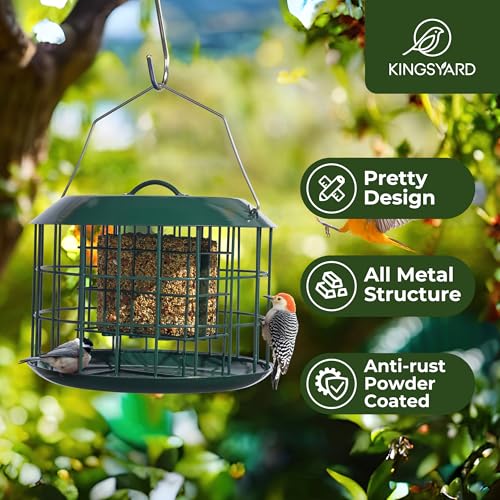 Kingsyard Squirrel Proof Suet Feeder, Cage Bird Feeders for Outdoors Hanging, All Metal, Double Suet Cake Capacity, Tray & Weatherproof, Green - Image 2