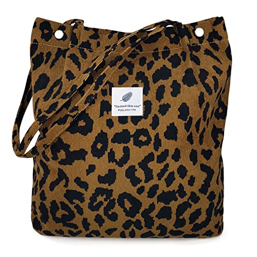 LHMTQVK Corduroy Tote Bags for Women, Large Capacity Tote Purse Reusable Grocery Shoulder Bag with Inner Pockets(Leopard) - Image 1