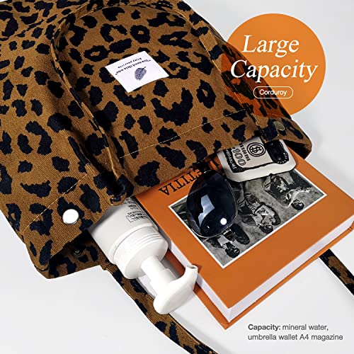 LHMTQVK Corduroy Tote Bags for Women, Large Capacity Tote Purse Reusable Grocery Shoulder Bag with Inner Pockets(Leopard) - Image 3