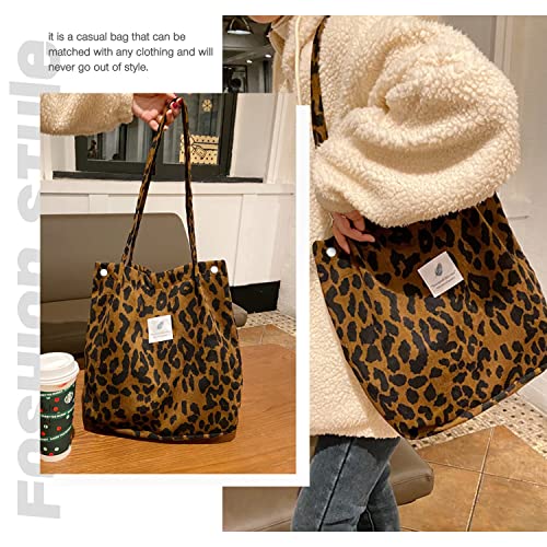 LHMTQVK Corduroy Tote Bags for Women, Large Capacity Tote Purse Reusable Grocery Shoulder Bag with Inner Pockets(Leopard) - Image 5