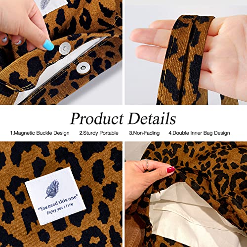 LHMTQVK Corduroy Tote Bags for Women, Large Capacity Tote Purse Reusable Grocery Shoulder Bag with Inner Pockets(Leopard) - Image 4