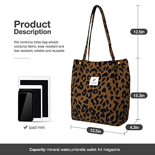 LHMTQVK Corduroy Tote Bags for Women, Large Capacity Tote Purse Reusable Grocery Shoulder Bag with Inner Pockets(Leopard) - Image 2