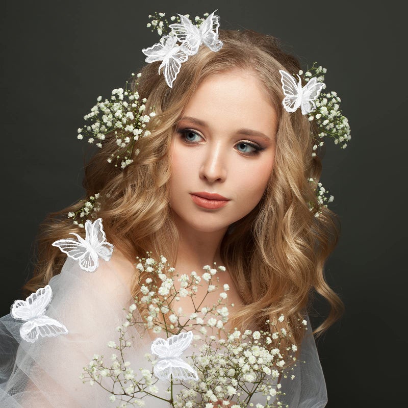 Canlierr 30 Pieces Butterfly Lace Trims Organza Decorative Patches Embroidered Butterfly Embellishments for DIY Crafts Bridal Headdress Hair Accessories (White) - Image 2