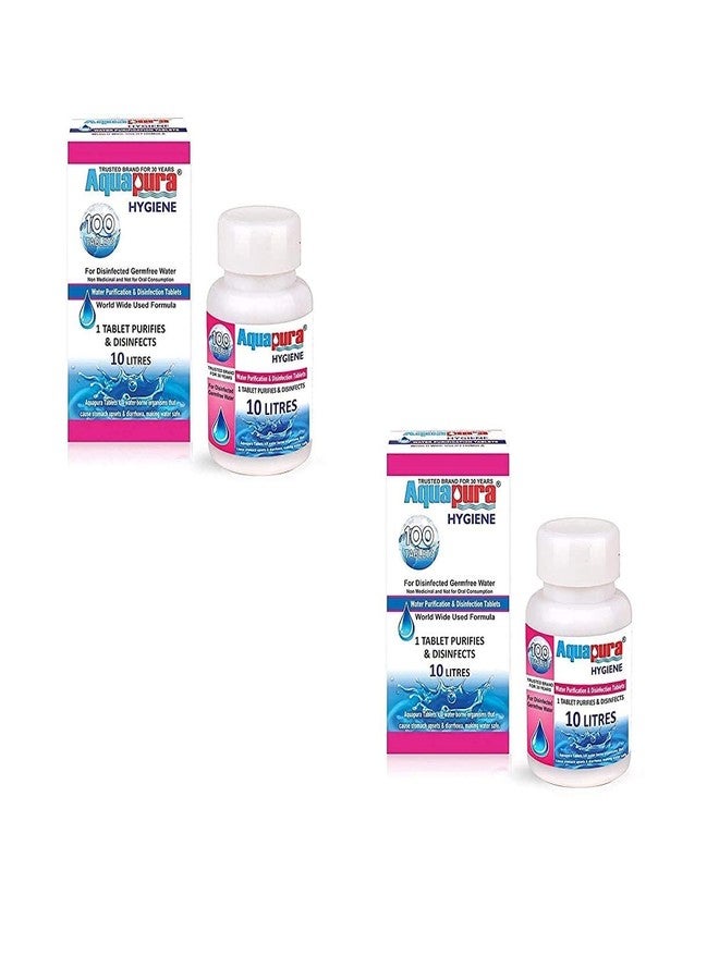 Aquapura أقراص تنقية المياه أكوابورا (قرص واحد لكل 10 لترات من الماء)، عبوة من 100 قرص (جهاز تنقية المياه)، مدة صلاحية 3 سنوات وضمان، عبوة من قطعتين - Image 1
