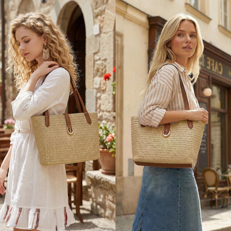 CHUNLI Straw Beach Bag for Women, Woven Raffia Summer Tote with Leather Handles, Boho Vacation Resort Shoulder Tote Bag - Image 4